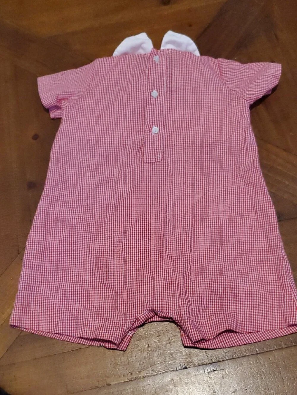 Red Gingham Smocked Monkey Romper with White Peter Pan Collar